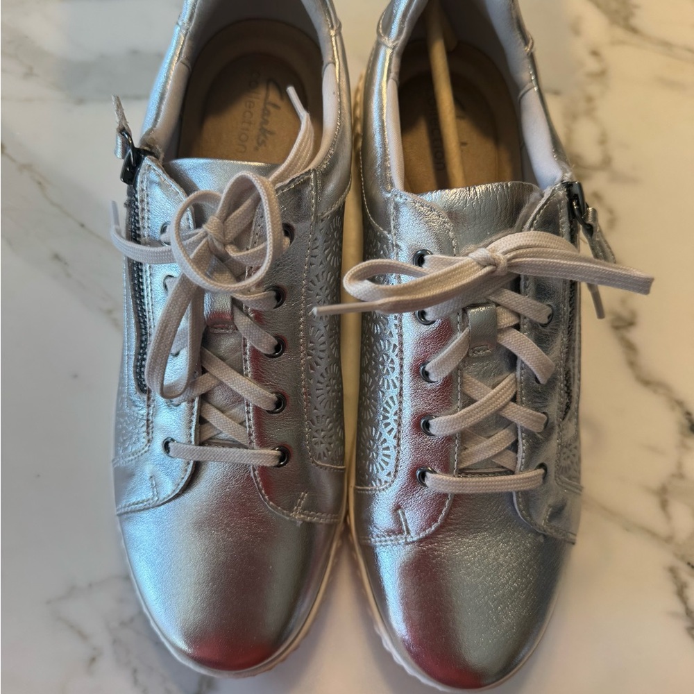 Clarks Silver Caroline Rio Leather Lace-Up Sneakers with Side Zip Detail